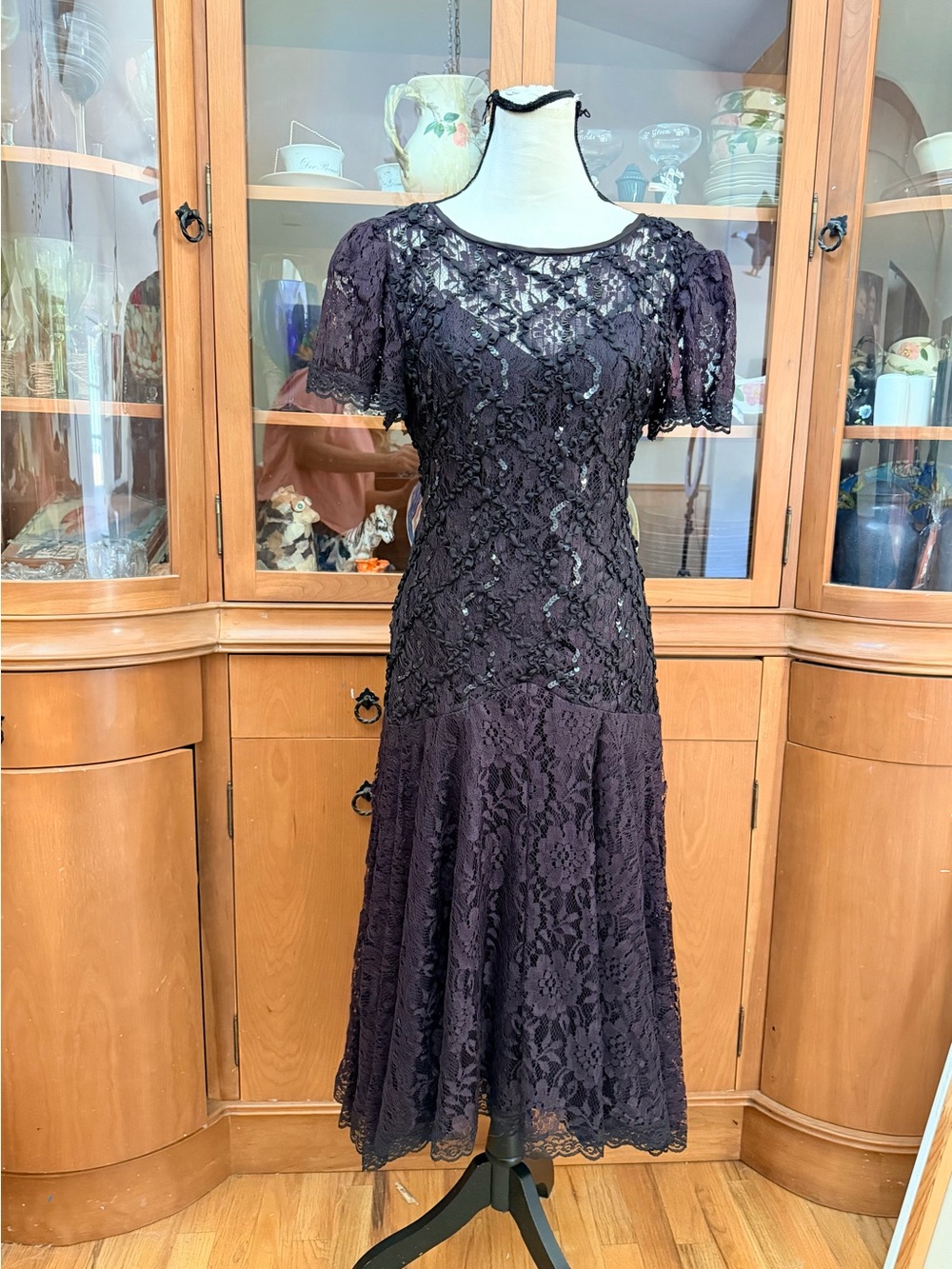 Vintage black lace drop waist cocktail midi dress